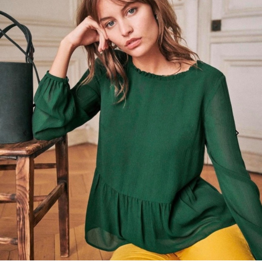 Sézane Green Silk Sabina Long Sleeve Blouse Top size 4